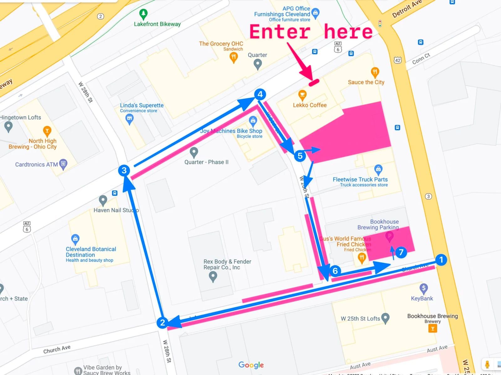 A venue street parking map that shows safe spaces to park for event attendees